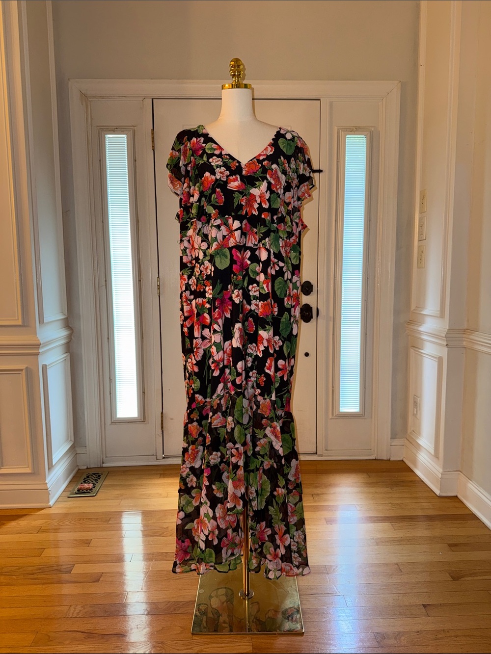 Tommy Hilfiger Floral V-Neck Black Maxi Dress with Pink & Green Blooms